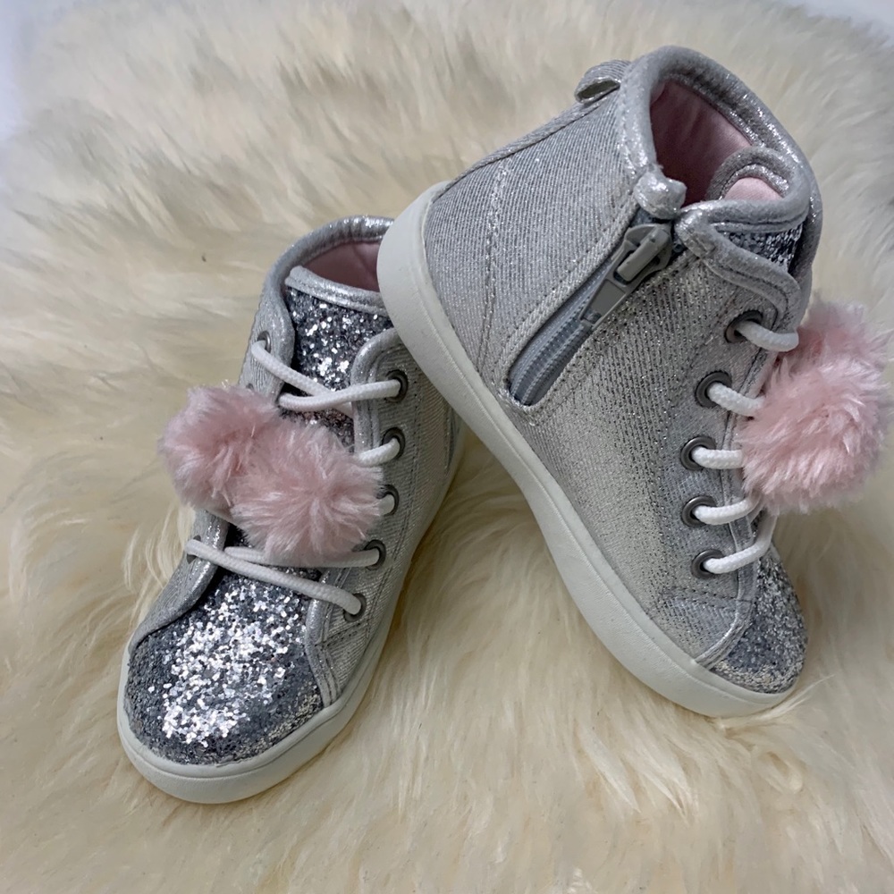 Girls Silver High Top Pom Pom Sneakers